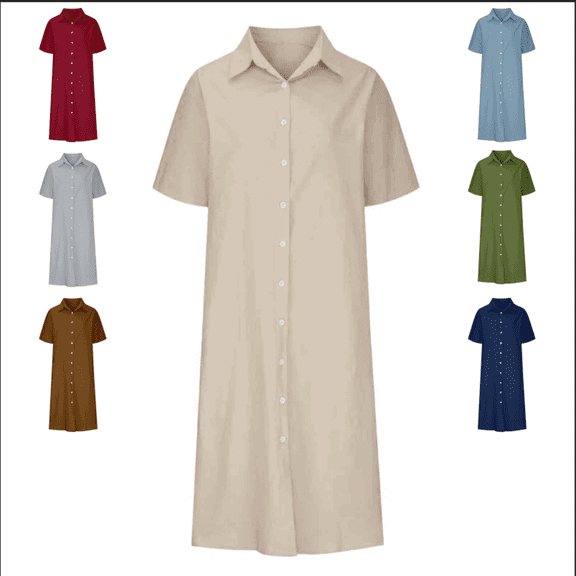 Linen Dresses for Women Summer Short Sleeve Button Down Midi Dress Cre W Neck Solid Color Fashion Causal Beach Vacation Clothes with Pockets