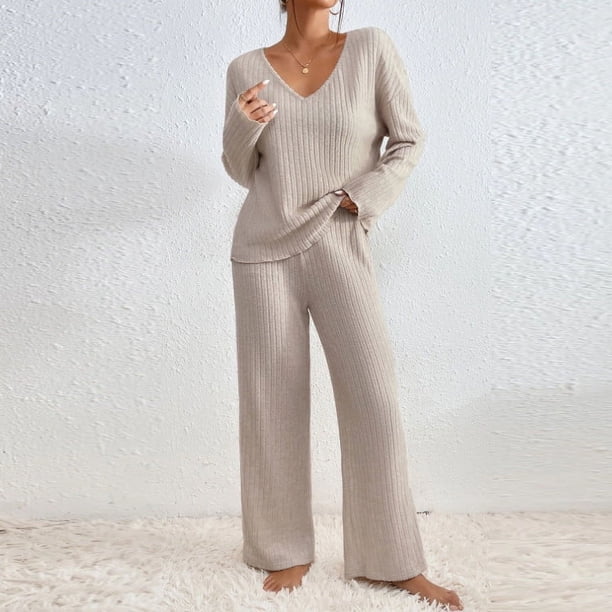 Puntoco Conjunto de pantalones casuales de manga larga con cuello redondo y punto sólido a la moda para mujer Puntoco Puntoco-5457