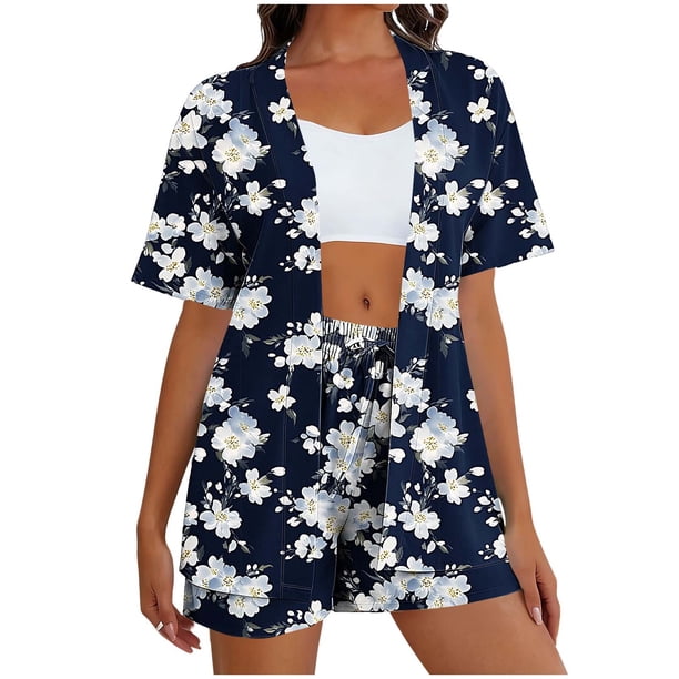 Mujeres Largo Cardigan con Bolsillos Suelto Casual Poliéster Impreso Conjunto, Manga Corta Y Pantalones Cortos, Sudadera Y Pantalones para las Mujeres