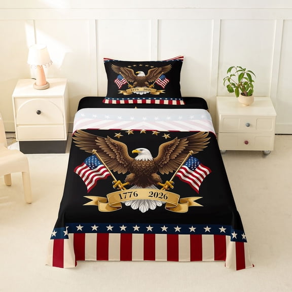 Manfei Bald Eagle Us Flag Twin Sheets,Red Stripes Bedding,Black,3pcs,1 Fitted Sheet and 1 Pillowcase