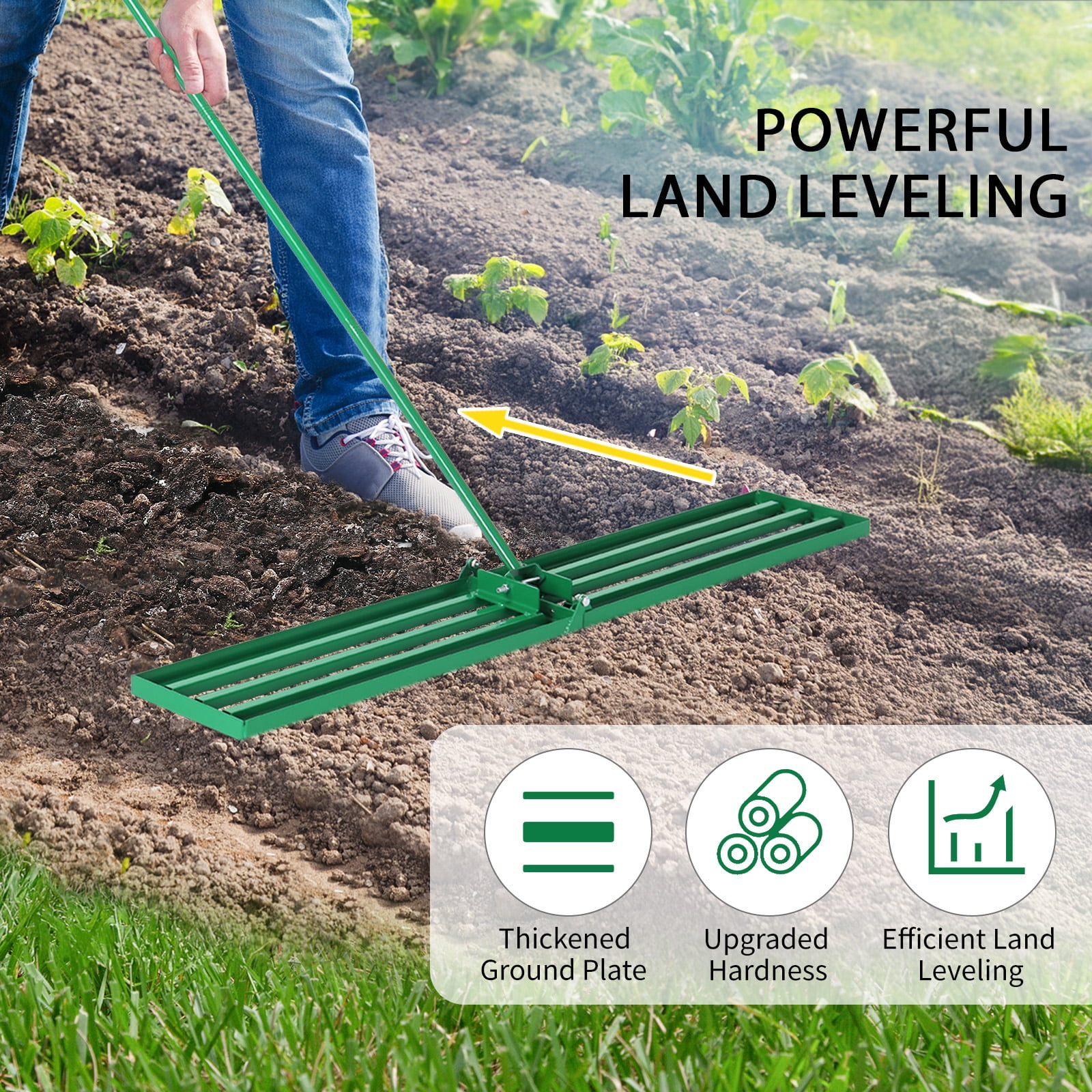 HiiKaa Lawn Leveling Rake,36" Steel Handle Yard Leveler, Lawn Level Tool for Creating a Flat Surface,Works for Soil,Dirt,Topdressing and Ground,Green