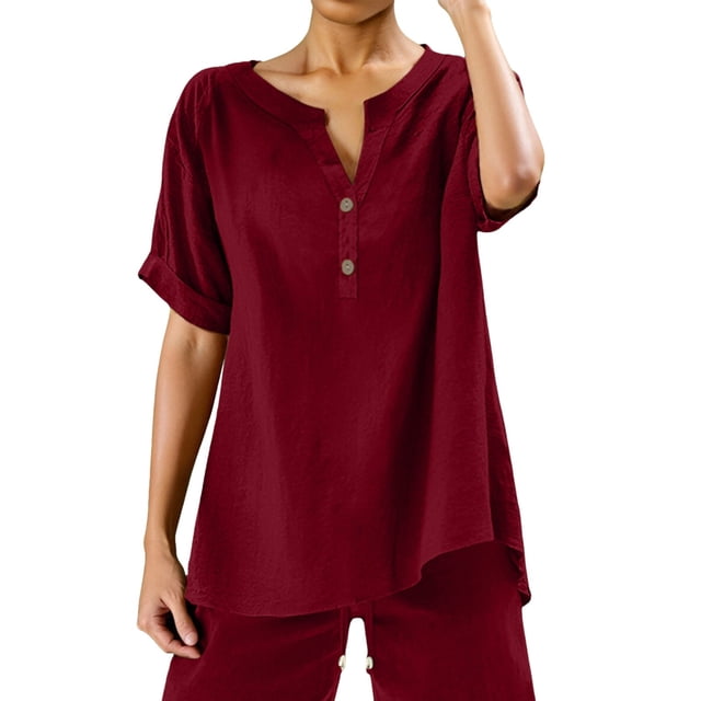 Womens Loose Buttons Down Blouse Tops Solid Casual Short Sleeve Shirt Blouse