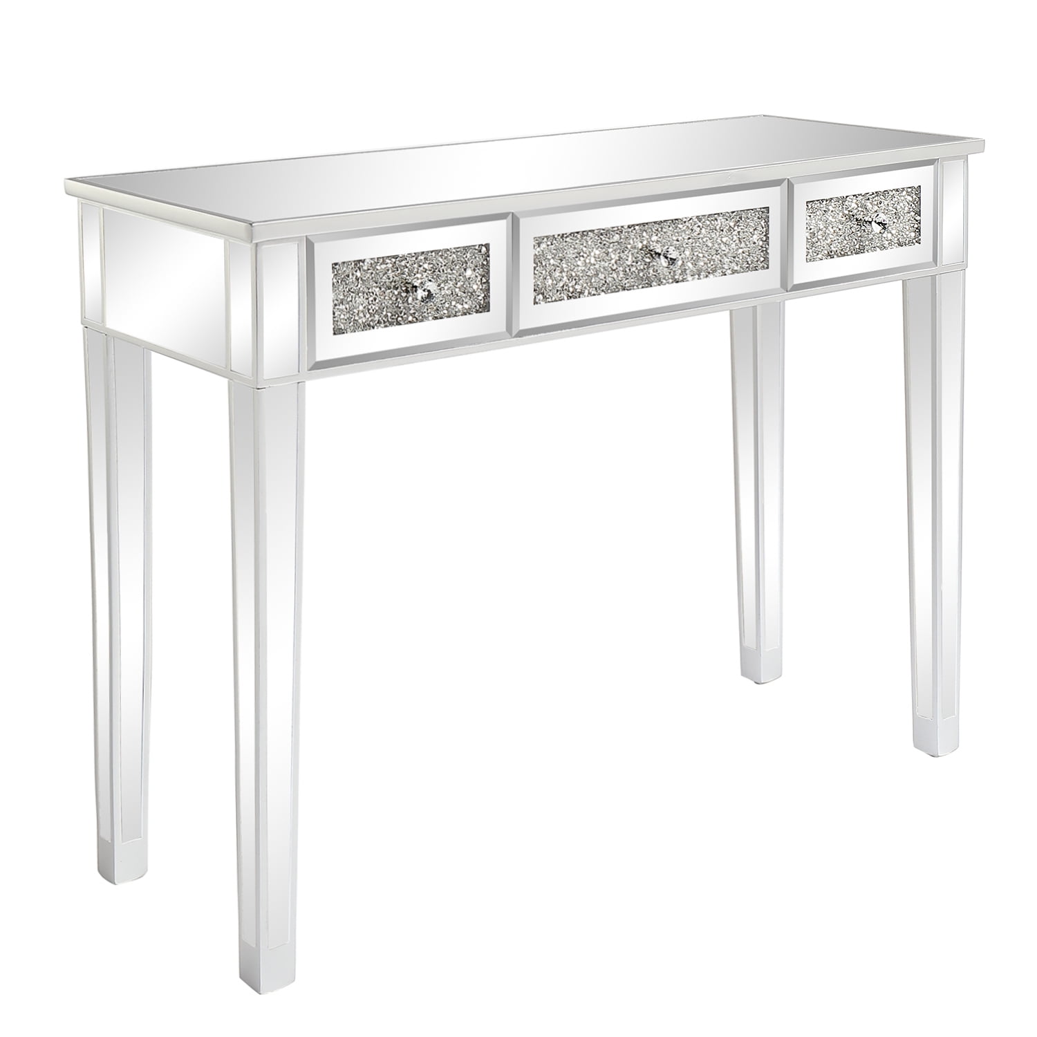 3-Drawer Modern Diamond-Embellished Computer Desk with Mirror Finish, Silver, 42 x 15 x 29.92 in