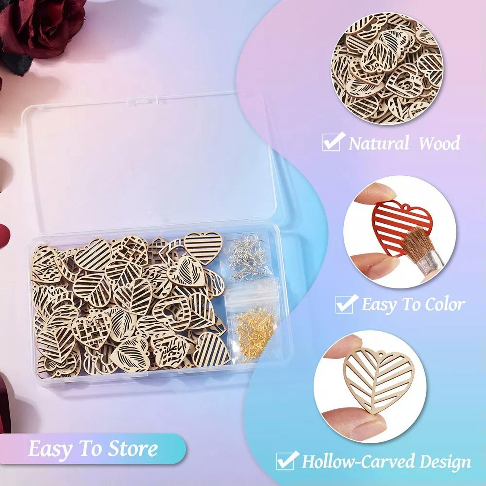 EOEMY 1 Box Undyed Burlywood Natural Wood Hollow Heart Dangle Earrings Diy Making Kit