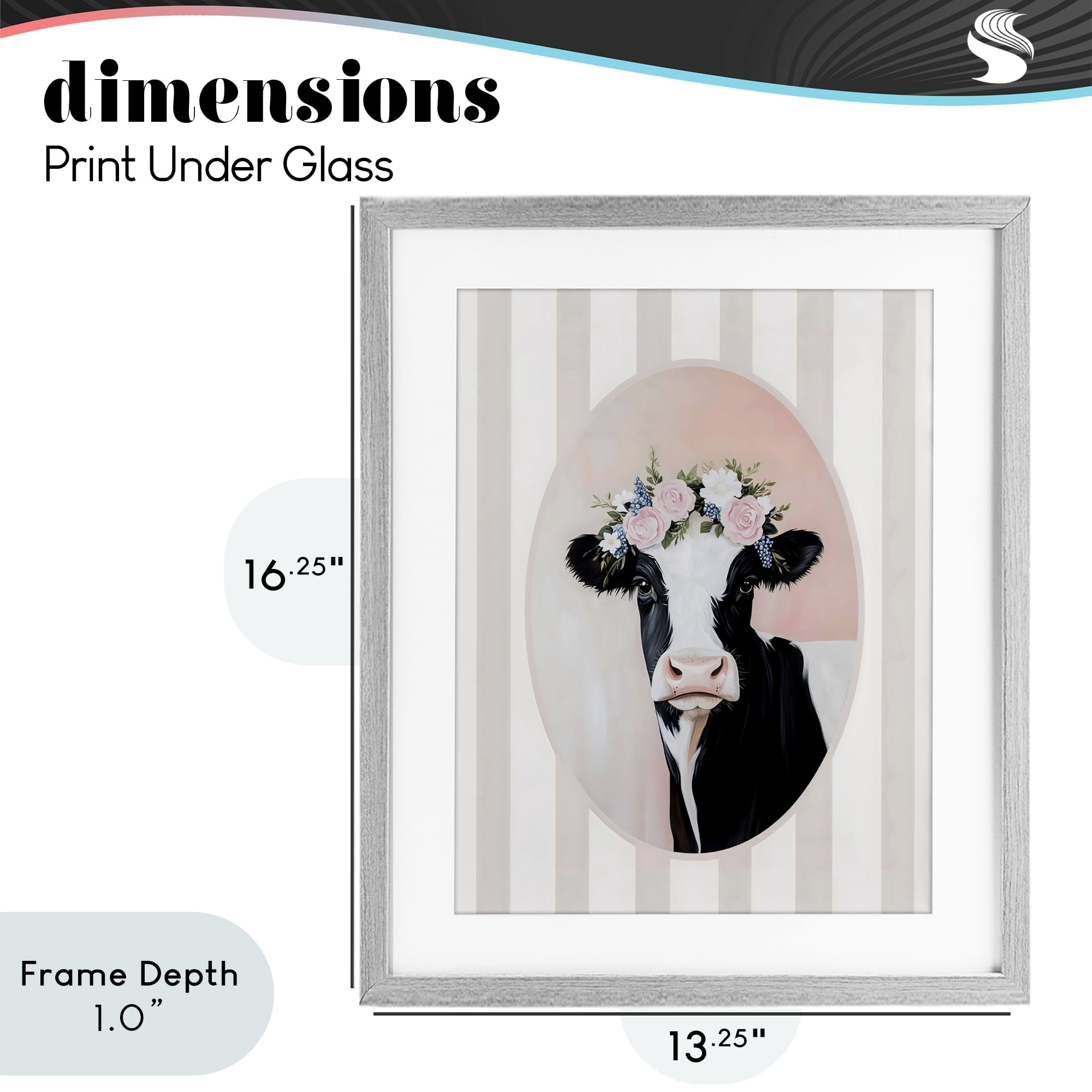 Stupell Industries Soft Cow with Floral Crown Gray Framed Print Under Glass, design by Arlington Prints