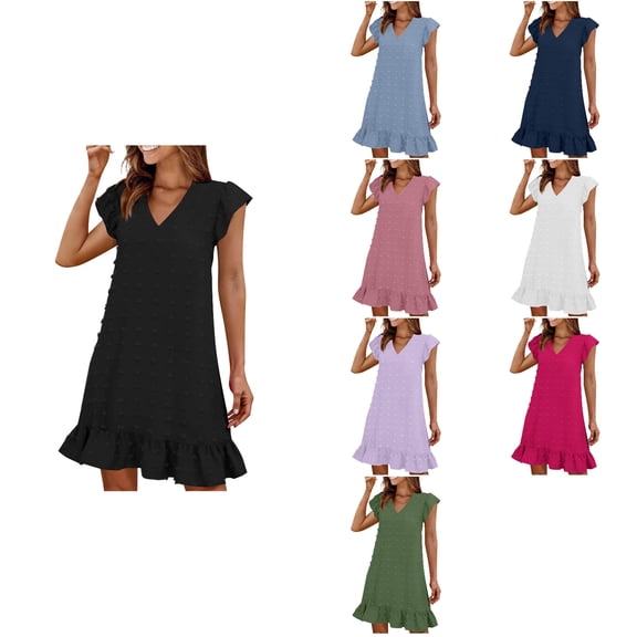 Antinious Summer Beach Dresses for Women,Mini Dresses for Women Casual Short Sleeve Solid V-Neck Party Dress,Black,XL