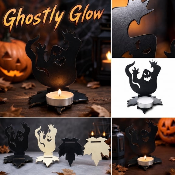 Halloween light Holder with Wooden Ghost Design, Spooky Home Decor for Mantel and Shelf, Gothic Halloween Centerpiece