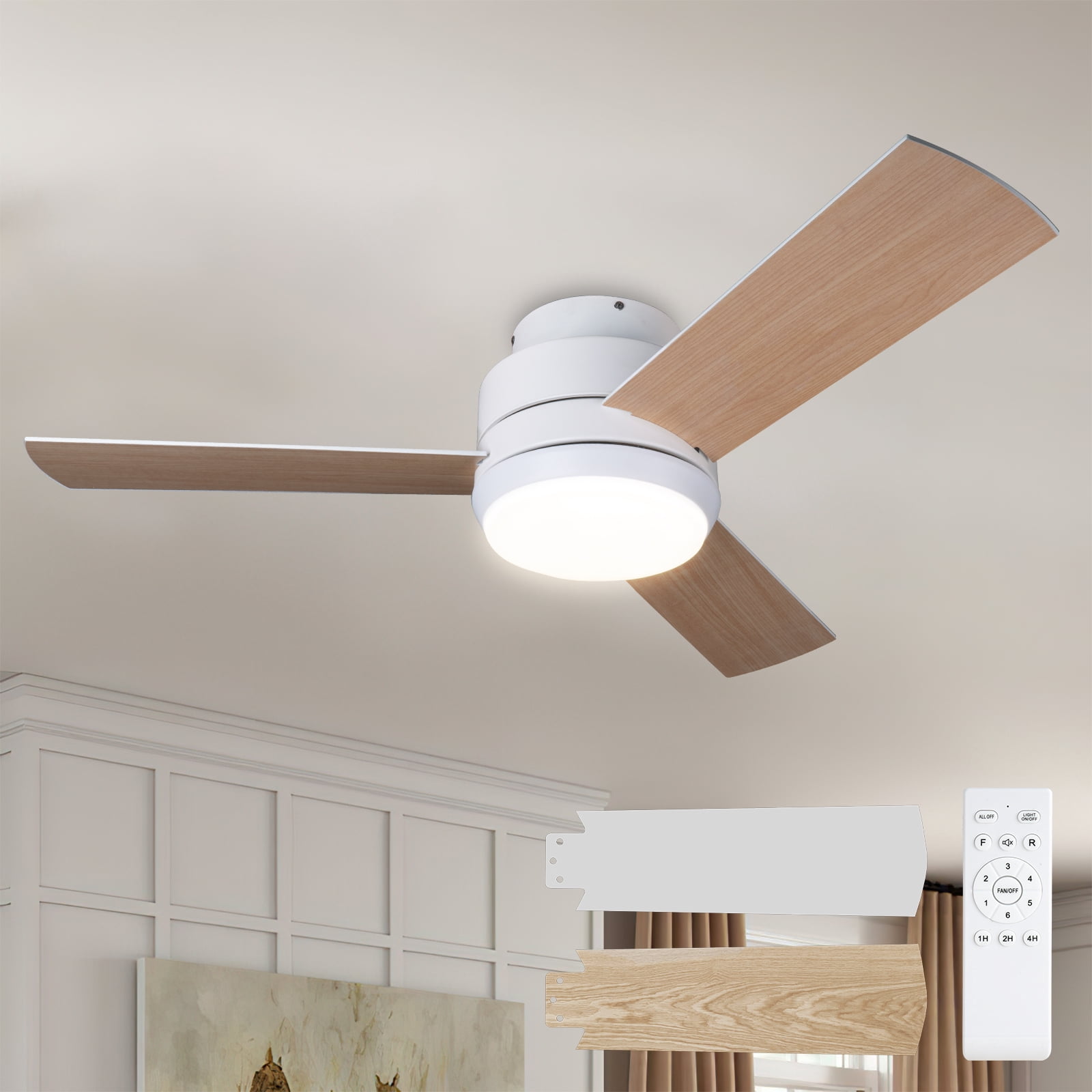 Surnie Ceiling Fans with Lights, 42 inch Low Profile Ceiling Fan with Light and Remote Control, Flush Mount, Reversible, 3CCT, Dimmable, Noiseless, White Ceiling Fan for Bedroom, Indoor/Outdoor Use