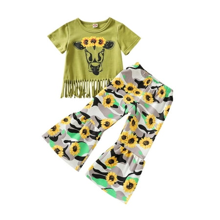 

DNDKILG Infant Baby Toddler Girls 2 Piece Summer Clothes Set Outfits T Shirts and Flare Pants Set Graphic Short Sleeve with Green 6M-5Y 80