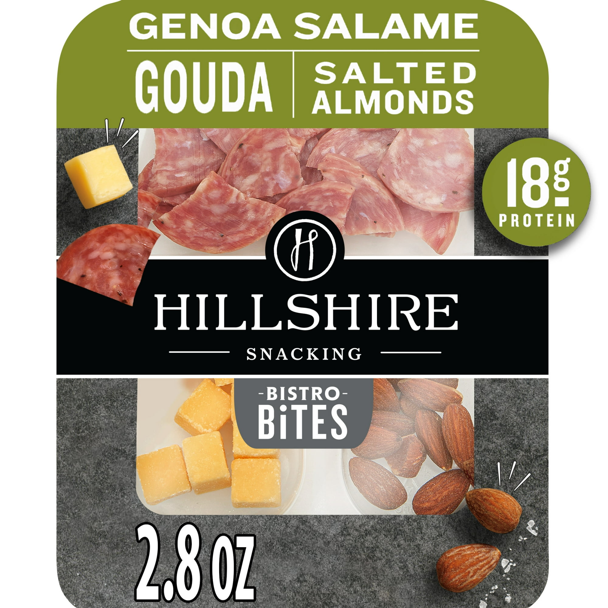 Hillshire Snacking Sliced Refrigerated Snack Boxes, 2.8 oz, Protein Bistro Bites, Genoa Salami, Gouda Cheese & Salted Almonds, Snack Pack