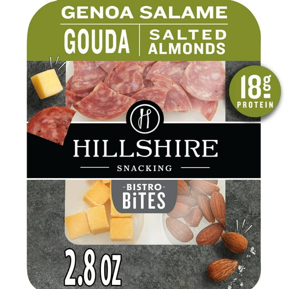 Hillshire Snacking Sliced Refrigerated Snack Boxes, 2.8 oz, Protein Bistro Bites, Genoa Salami, Gouda Cheese & Salted Almonds, Snack Pack
