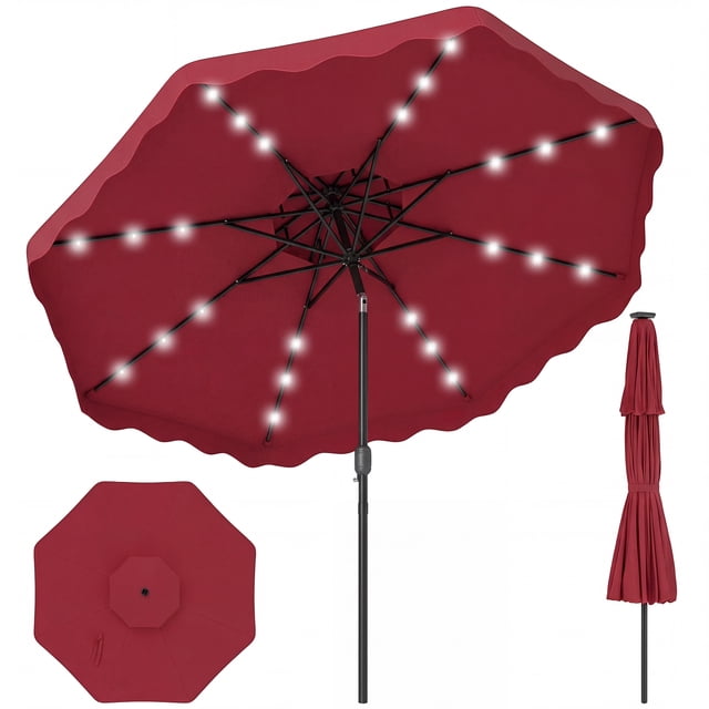 Gymax 9 FT Solar LED Outdoor Umbrella Push-Button Tilt & Crank 24 LED Lights & 8 Ribs Red