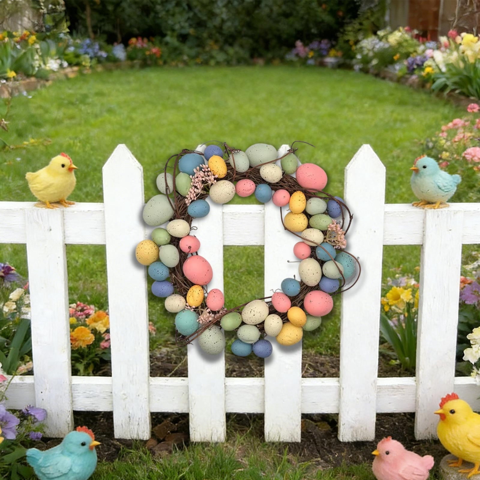 Easter Day Decor, Easter Egg Wreath Artificial Rattan Ring Door Hanger Home Party Decor C