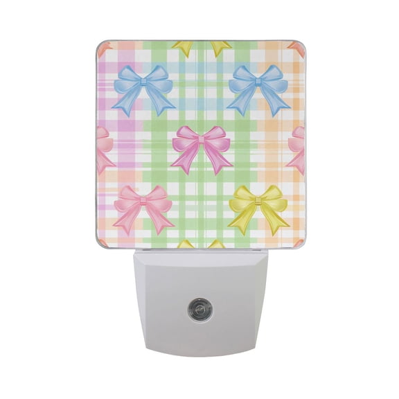 Cute Bows and Plaid Night Light 2 Pack LED Nightlight Plug into Wall Dusk to Dawn Sensor Soft White
