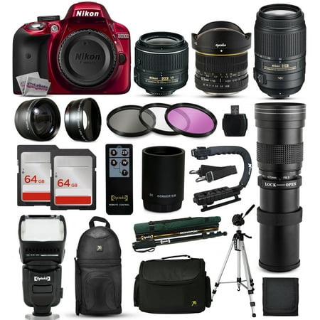 Nikon D3300 Red DSLR Digital Camera + 18-55mm VR II + 6.5mm Fisheye + 55-300mm VR + 420-1600mm Lens + Filters + 128GB Memory + Action Stabilizer + i-TTL Autofocus Flash + Backpack + Case + 70" Tripod