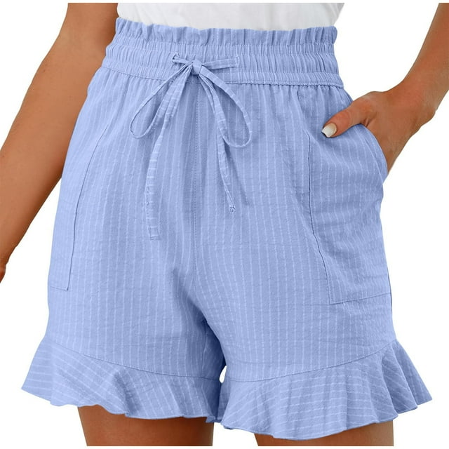 Besolor Summer Shorts for Women Trendy Striped Elastic Waist Drawstring Ruffle Hem Beach Lounge Shorts with Pockets