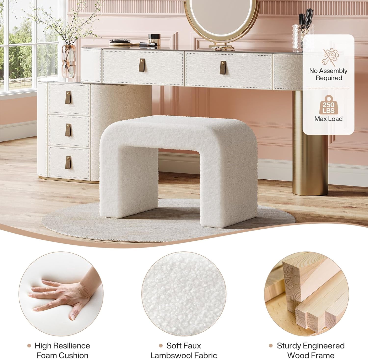 Modern Vanity Stool, Upholstered Ottoman, Arched Footstool, Sofa Footrest, Fully Assembled, White