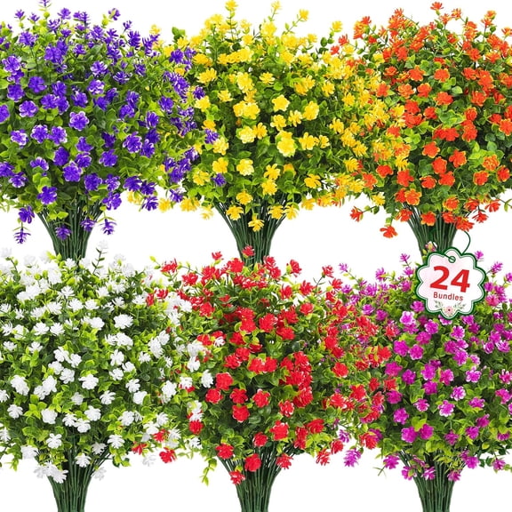 24 Bundles Artificial Flowers for Outdoors Decoration Fake UV Resistant Faux Plastic Greenery Eucalyptus Plants Spring Summer Garden Patio Indoor Outdoor Home Decor, Multicolor
