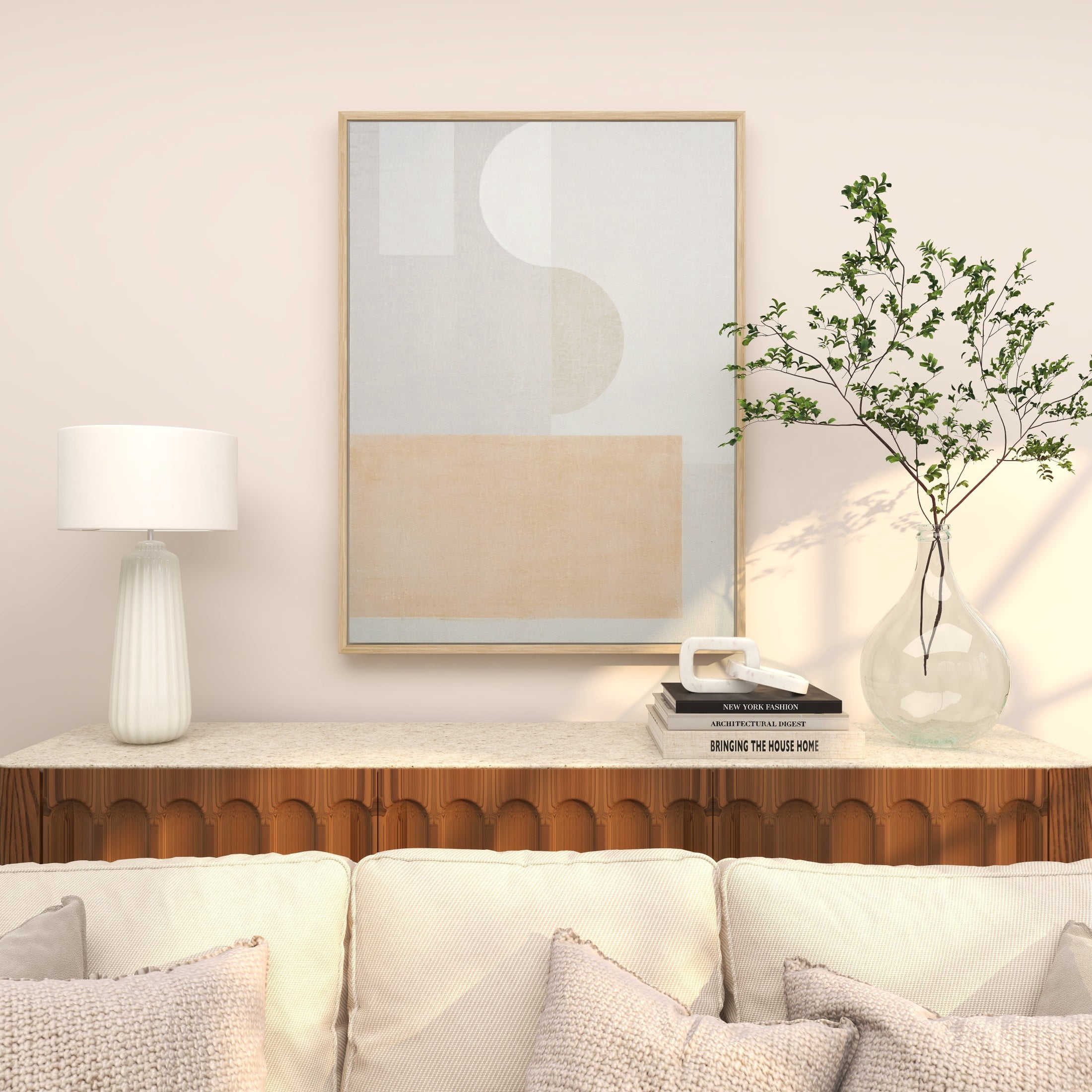 36" x 47" Mid Century Modern Shape Geometric Framed Wall Art with Pink and Sage Accents, by DecMode