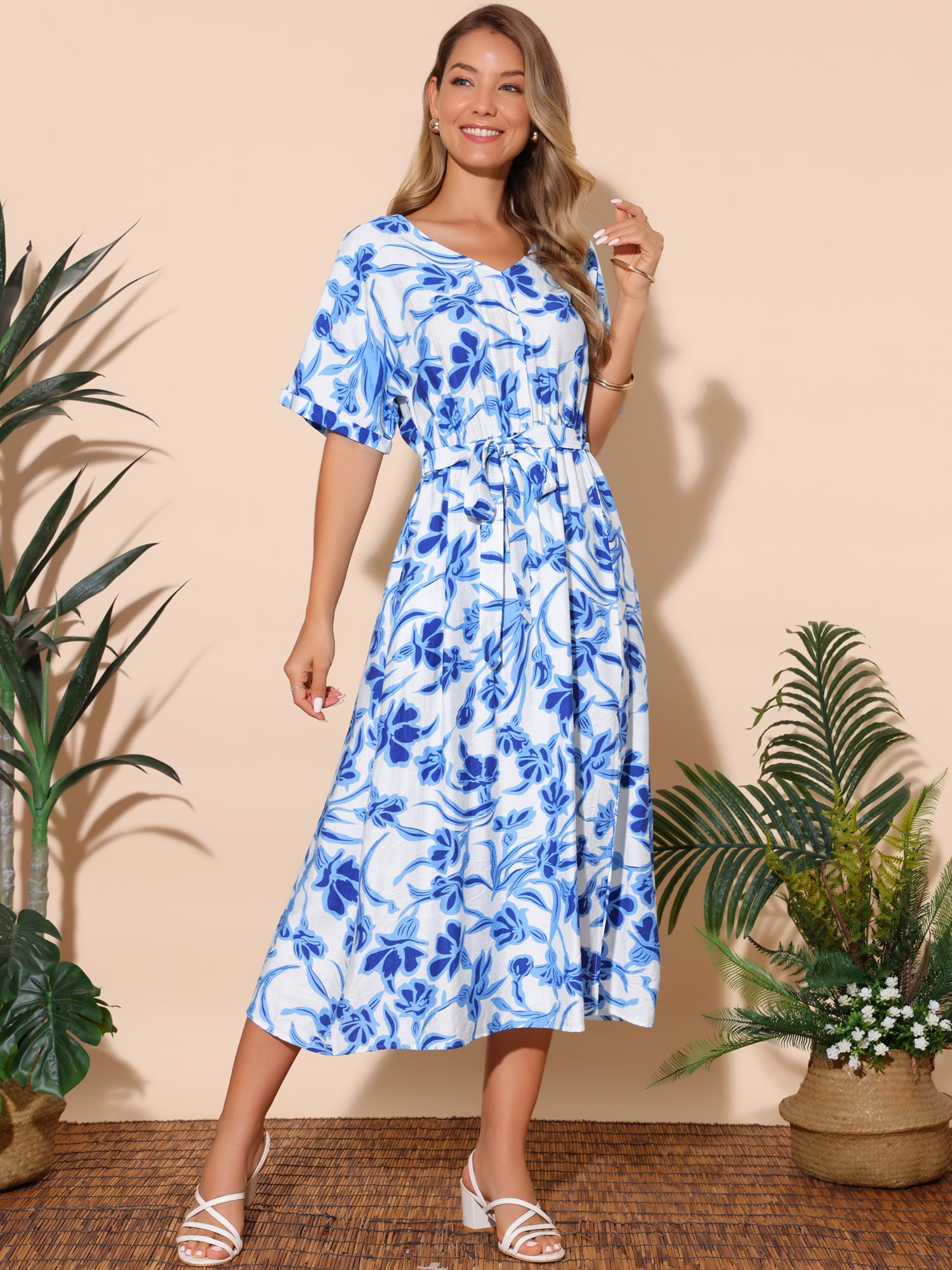 DARING DIVA Loose Boho V Neck Short Sleeve Tie Waist Floral Maxi Dress XL Blue