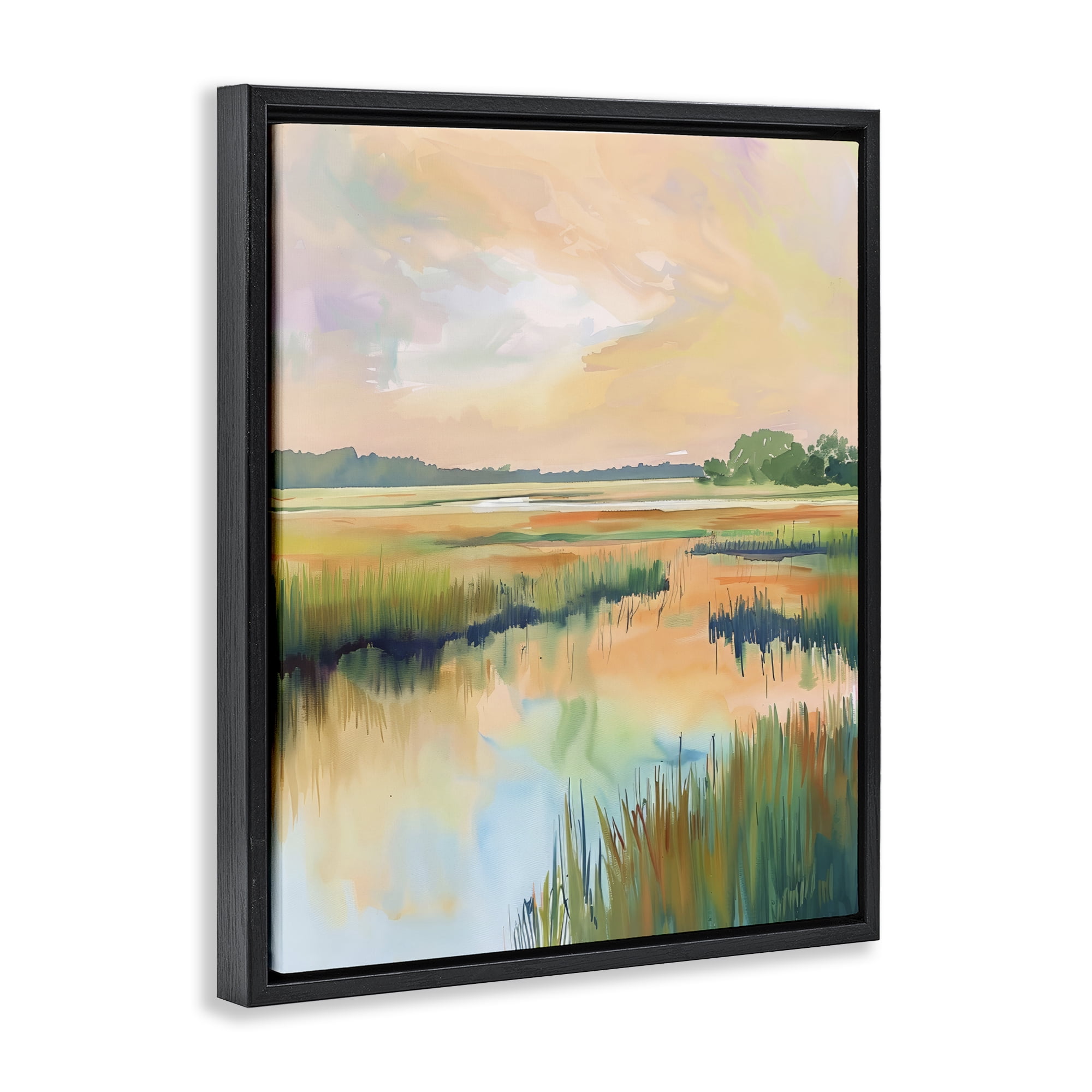 Stupell Industries Marsh Sunset over Tranquil Stream Black Framed Floater Canvas Wall Art, design by LSR Design Studio
