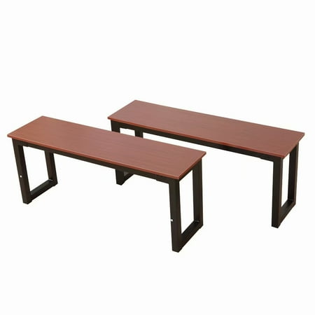 - 2pcs Simplistic Iron Frame Dining Benches Teak Color