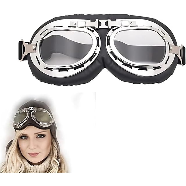 YSTIANN Retro Motorcycle Goggles - Vintage Aviator Style Windproof Glasses, Silver Frame Bent-Corner Design for Harley Riding, Cycling & Outdoor Protection AZ78-6457