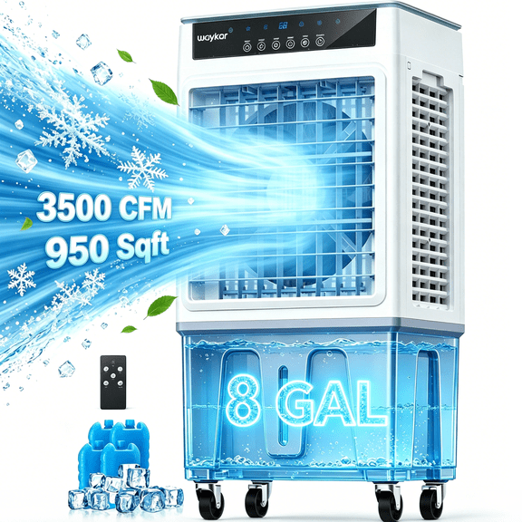 Waykar 3-in-1 Portable Evaporative Air Cooler, 3500 CFM Air Cooler & Humidifier, Remote, Quiet Cooling Fan for Large Rooms up to 950 Sq Ft