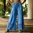 thumbnail image 5 of Women's Boho Lace Hem Wide Leg Palazzo Pants Drawstring Elastic Waist Loose Casual Trousers with Pockets Lightweight Lounge Beach Pants Blue, 5 of 5