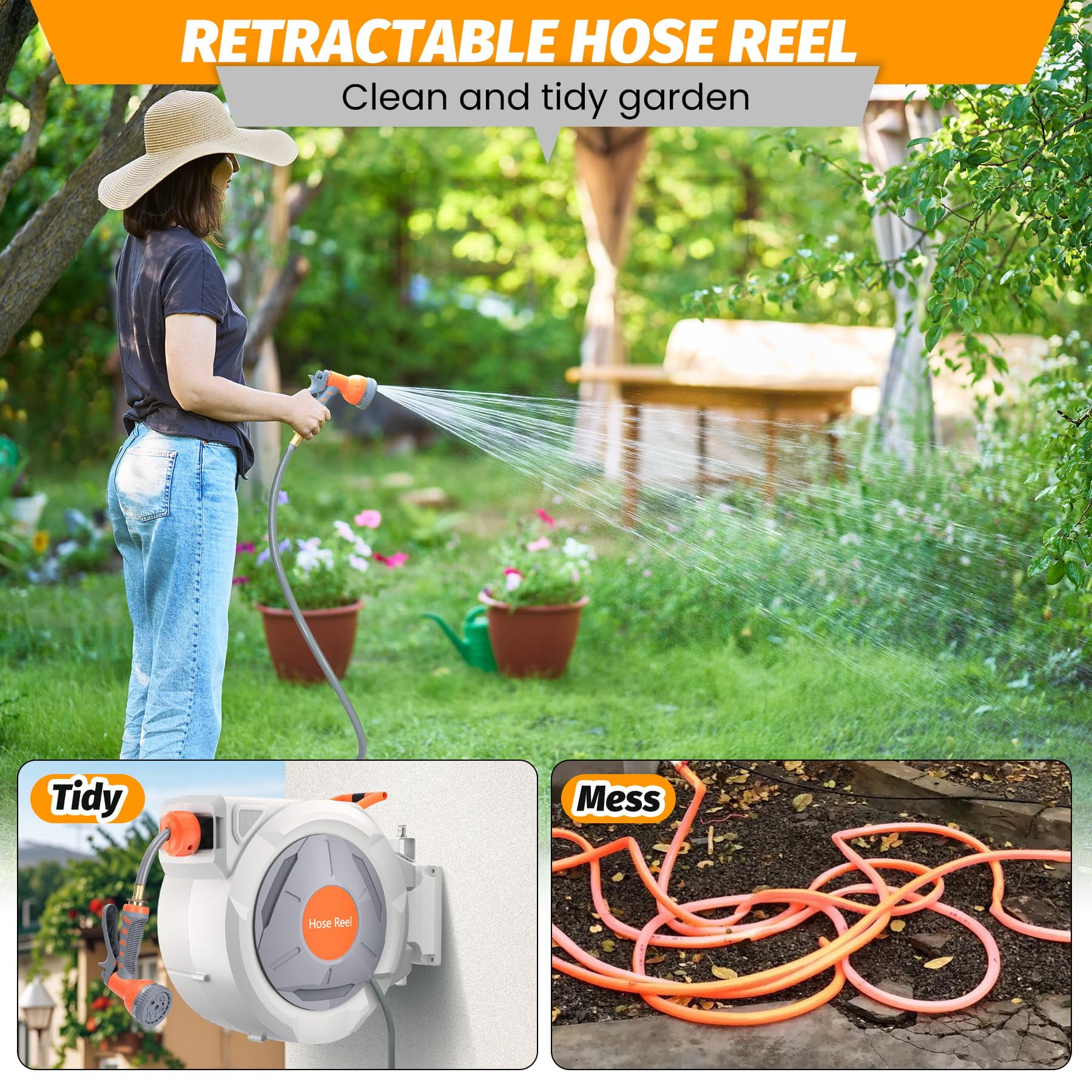 Kojooin Wall Mounted Retractable Hose Reel – Automatic Rewind, Adjustable Length Lock, 180° Swivel Bracket, Slow Return System