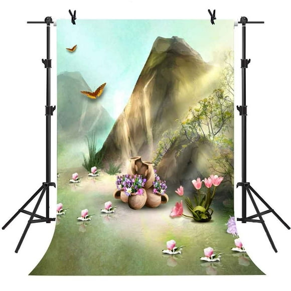 YUSDECOR 5x7Ft Flower Hill Backdrop Mountain Butterfly Tree Background Photo Video Studio Photography
