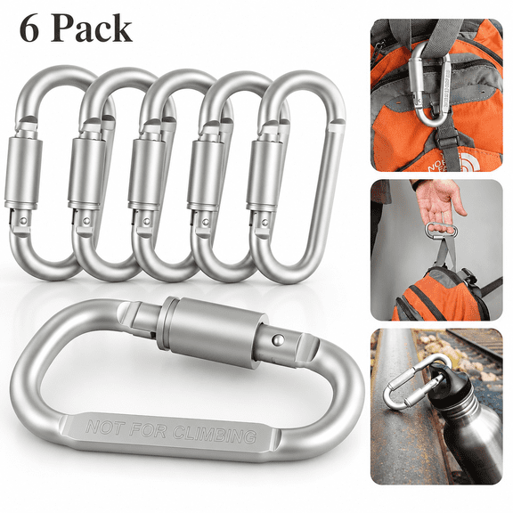 Carabiners Keychains Aluminum D-Ring Locking Locking Carabiners Large Carabiners Clip Set for Outdoor Camping Screw Gate Lock Hooks Spring Link Improved Design Pack - Not for Climbing (6 Pack)