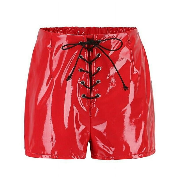 Women Wet Look PVC Shorts High Waist Lace-Up Casual Hot