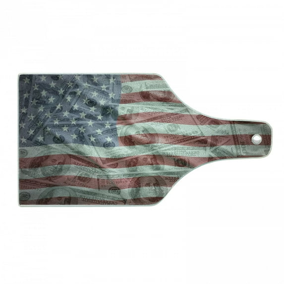 American Flag Cutting Board, American Dollar on Flag Money Currency Exchange Value Global Finance, Decorative Tempered Glass Cutting and Serving Board, Wine Bottle Shape, Multicolor, by Ambesonne
