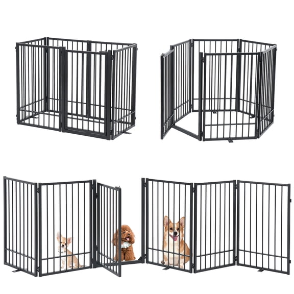 SMONTER Free Standing Dog Gate with Door Walk Through, 120'' Extra Wide Indoor Dog Fence, 31.5'' Height 6 Panels Foldable Metal Pet Puppy Gate for Stairs, Hallways, Doorway