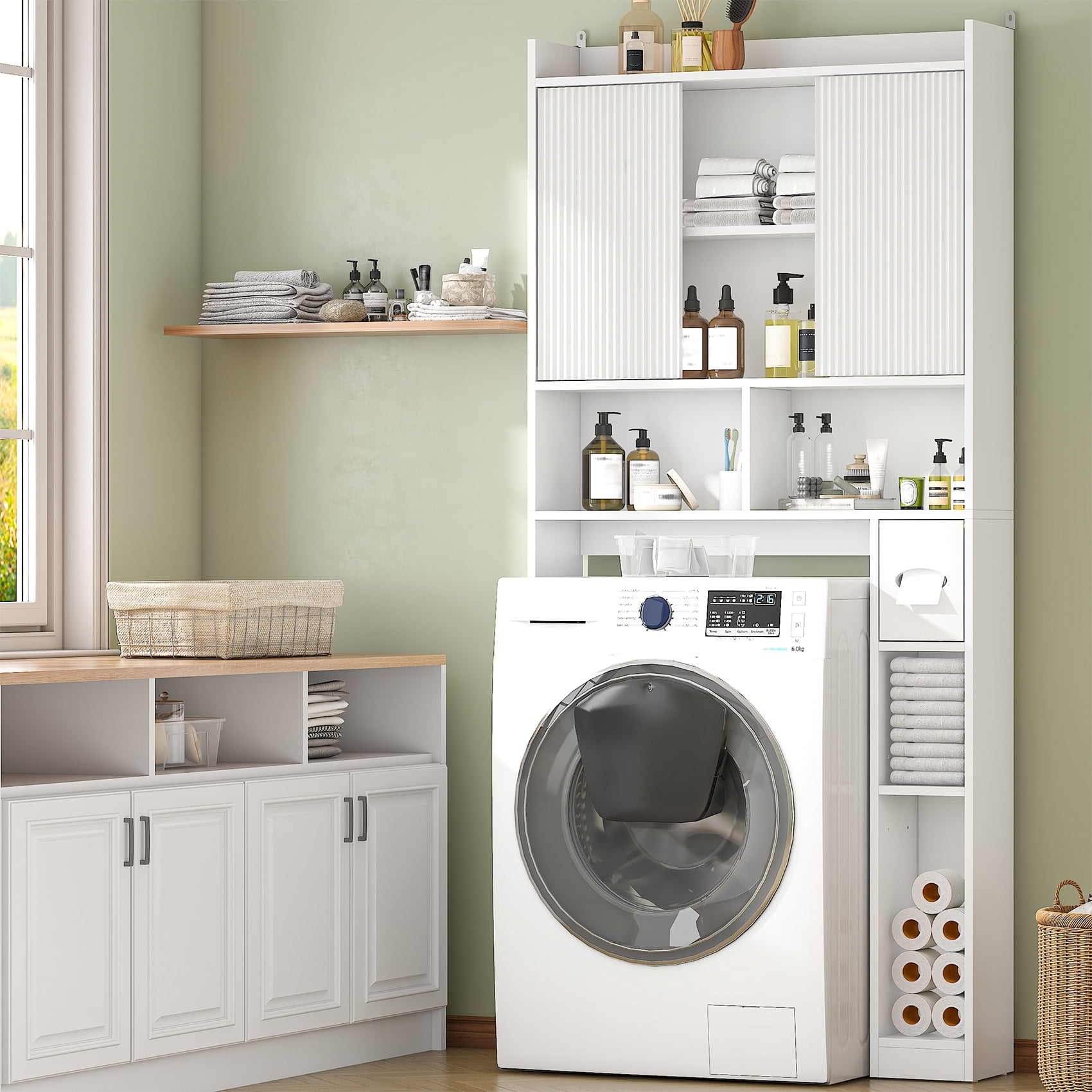 Over The Toilet Storage Cabinet with 2 Sliding Doors & Toilet Paper Holder, Freestanding Adjustable Organizer for Bathroom & Laundry,White
