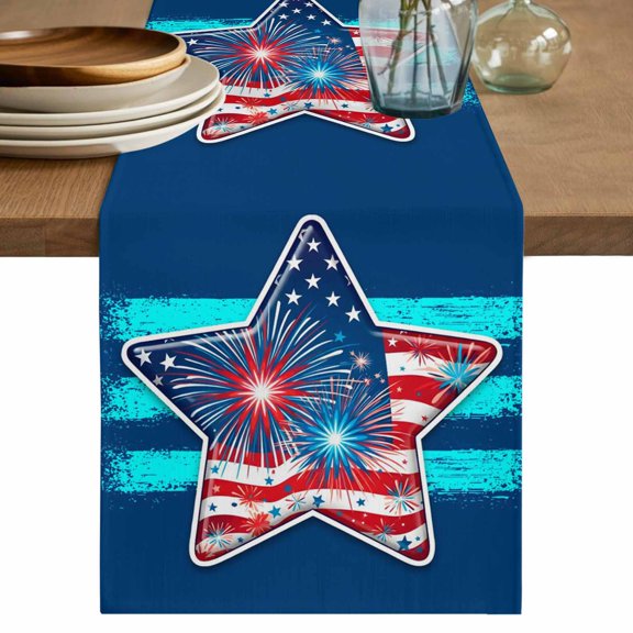 Patriotic USA Flag Table Runner 72 Inches, Independence Day Firework Blue Striped Bed Runner Dresser Scarves Tabletop for Indoor Outdoor Parties/Ceremony/Banquet, 18" x 72"