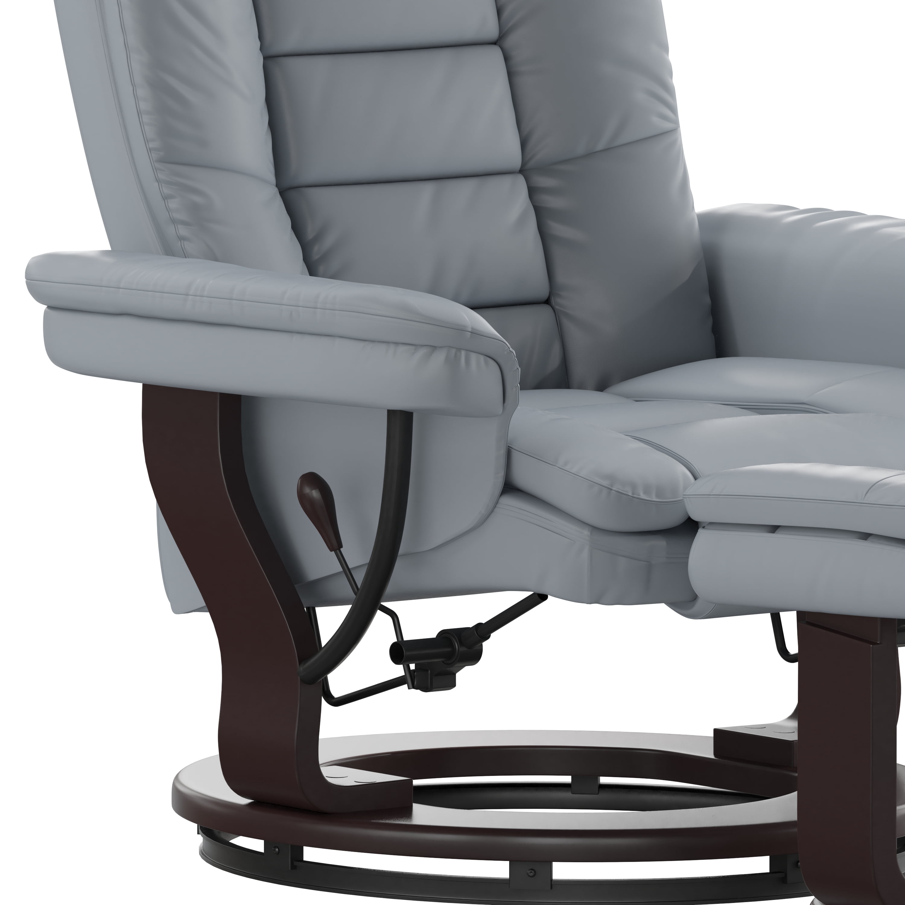 BizChair Contemporary Multi-Position Recliner with Horizontal Stitching and Ottoman with Swivel Mahogany Wood Base in Gray LeatherSoft