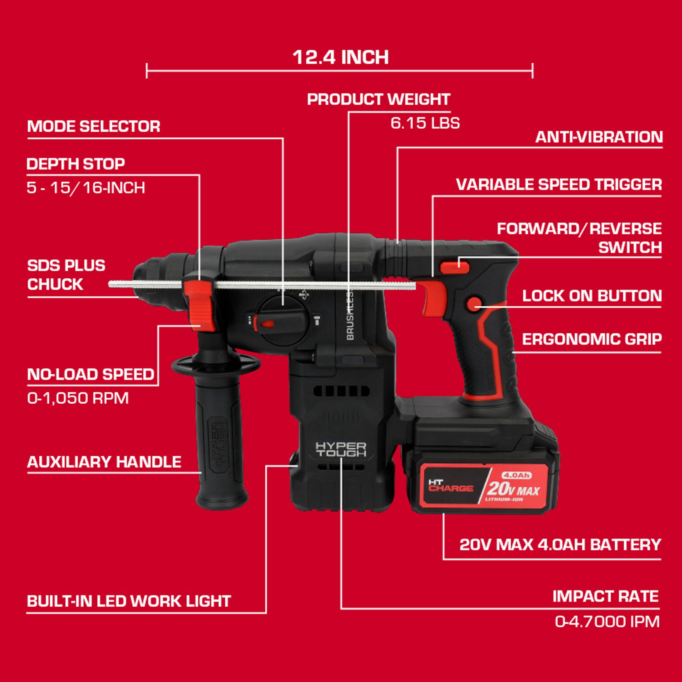 Hyper Tough 20V Brushless SDS Plus Rotary Hammer Drill with 4.0Ah Battery