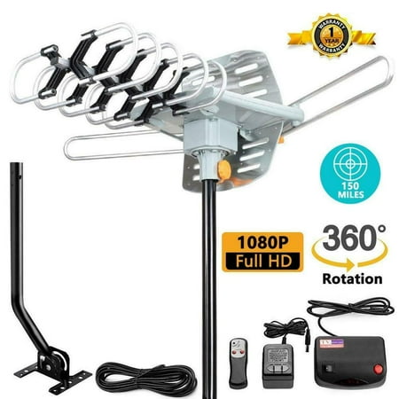 HDTV Antenna Digital Amplified Outdoor Antenna with Mounting Pole-150 Miles Range 360 Degree Rotation Wireless Remote Support 2 TVs.UHF/VHF 4K 1080P Channels Reception, 33ft