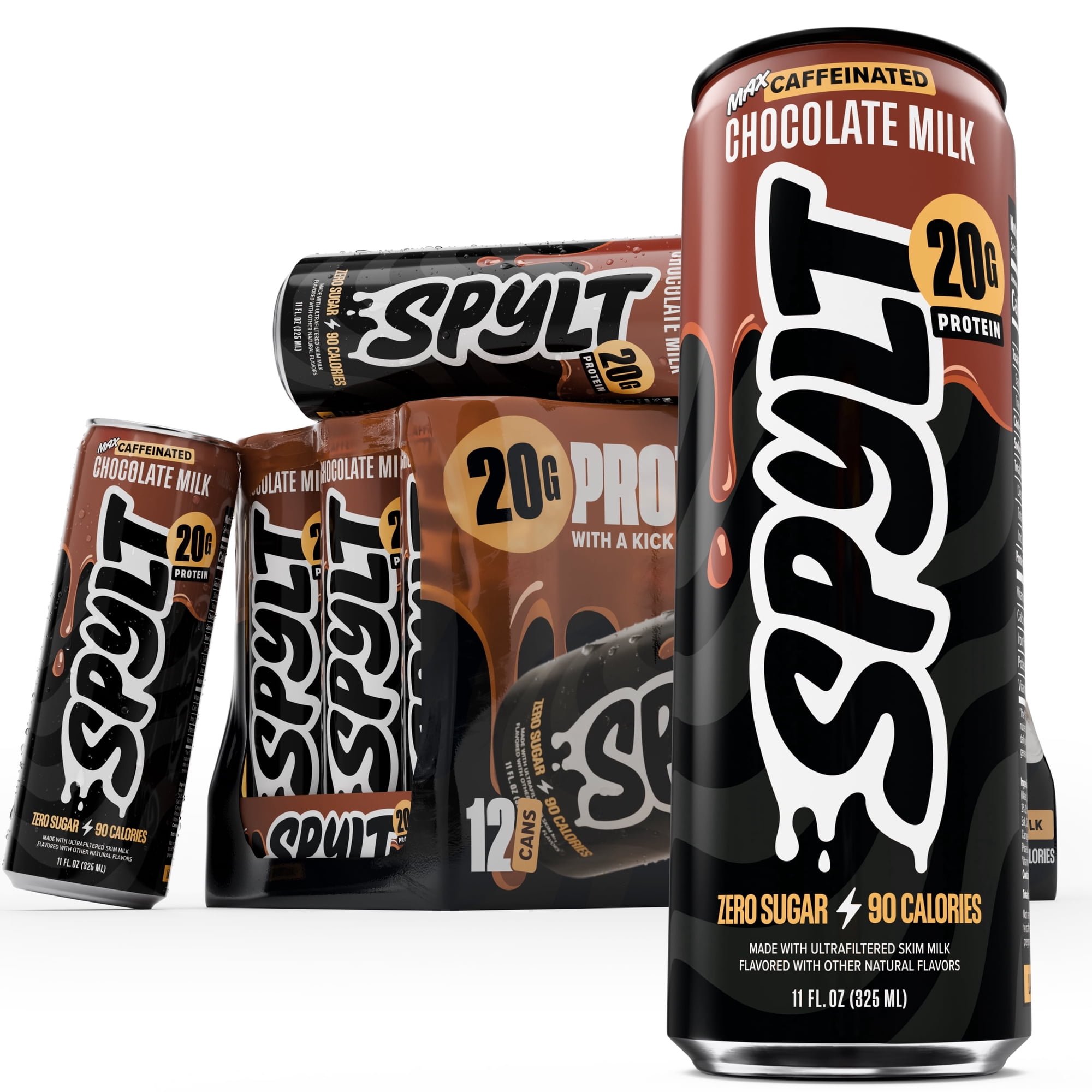 SPYLT High Protein Milk, MAX Chocolate, 20g Protein, 140mg Caffeine, Sugar Free, 11 fl oz, 12 Cans - PACKAGING MAY VARY