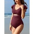 thumbnail image 3 of Sociala Warpped V Neck 1 Piece Swimwear for Maternity Ribbed Ruffle Sleeve Swimsuit, 3 of 8