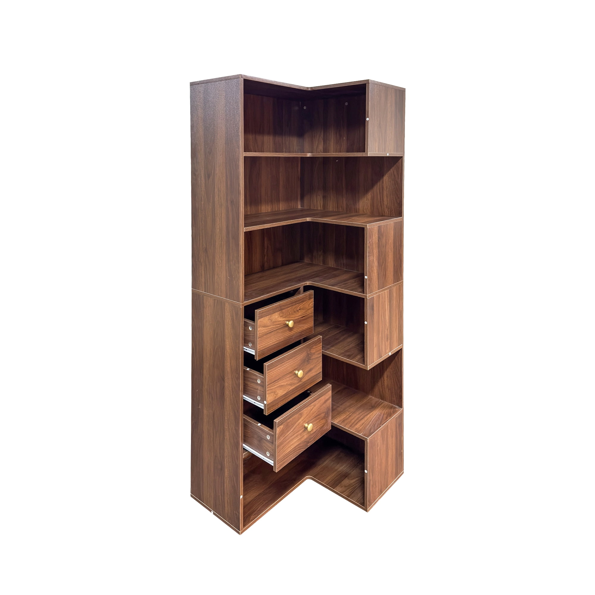 71" Tall Corner Bookcase with 3 Drawers, 6-Tier L-Shaped Bookshelf with Open Cases