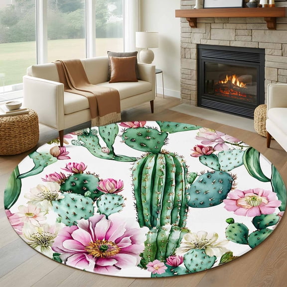 Pink Round Rug 5ft Washable Circle Kitchen Rugs Non Slip Green Cactus Pastoral Watercolor Large Area Rug Indoor Floor Carpet for Bedroom Living Room Home Office Dining Room Nursery