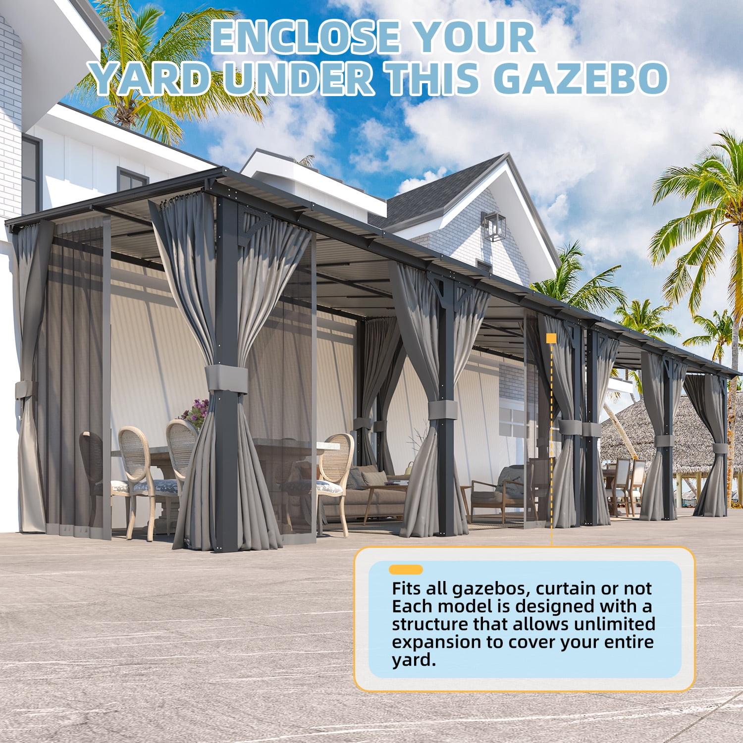 AECOJOY 14' x 10' Lean to Gazebo with Netting and Curtain Outdoor Hardtop Gazebo Aluminum Metal Pergola ​For Garden, Patio, Backyard-​Dark ​Gray