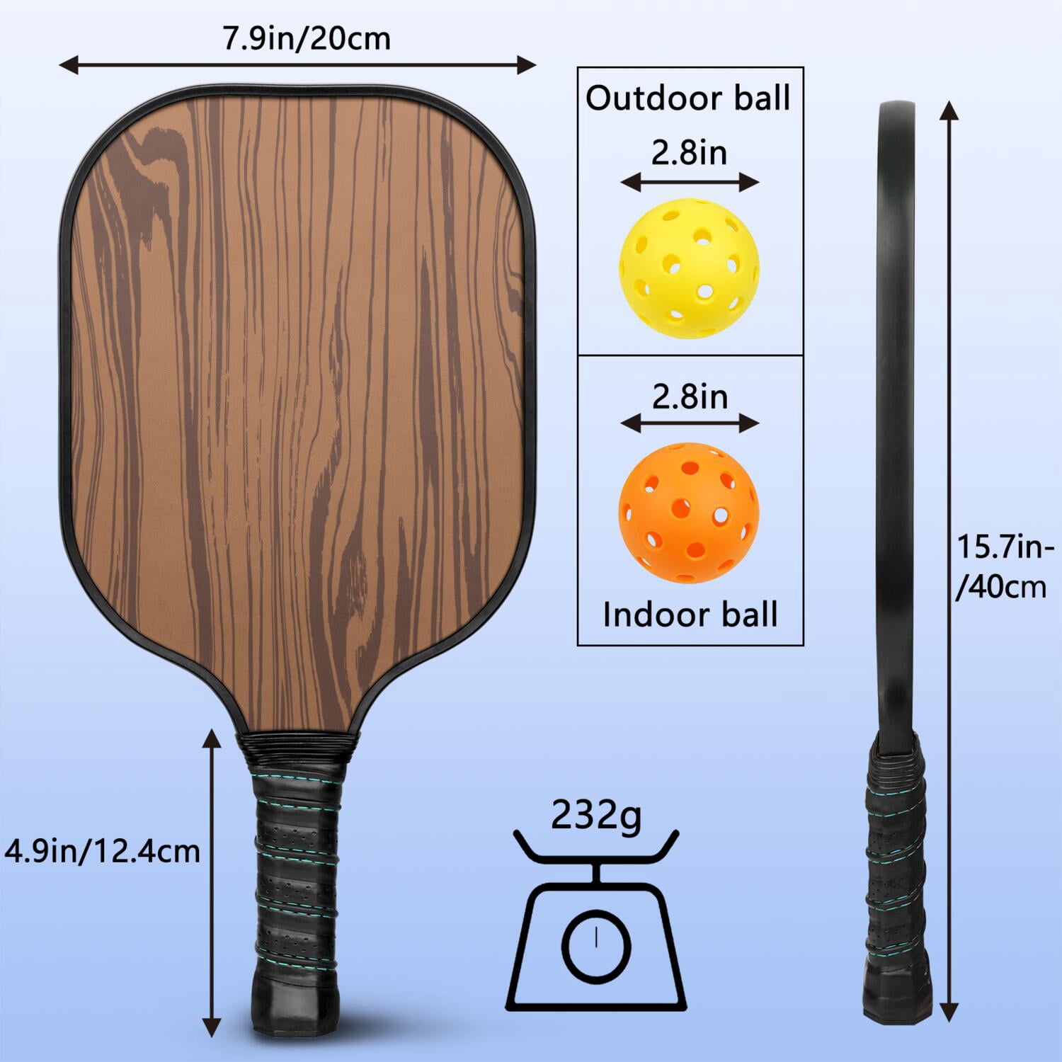 Pickleball Paddles Set Of 2, Fiberglass Surface, Wood Grain Print, 4 Balls & Bag