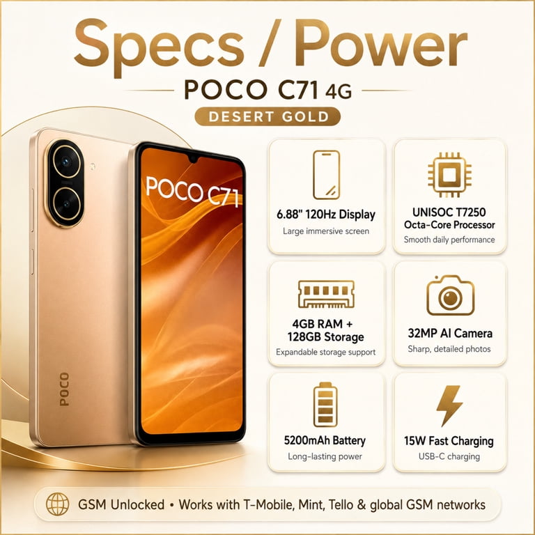 Xiaomi Poco C71 4G 128GB ROM 4GB RAM Dual SIM GSM Unlocked - Gold