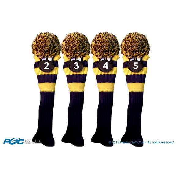 Majek #2, 3, 4, 5 Hybrid Combo Pack Rescue Utility Blue & Yellow Golf Headcover Knit Pom Pom Retro Classic Vintage Head Cover