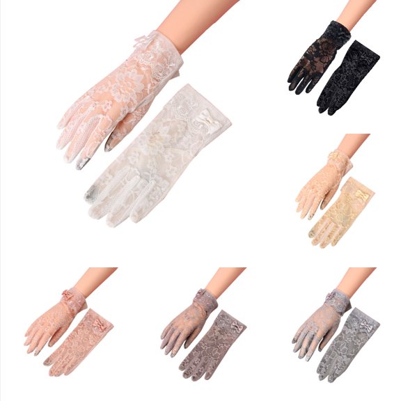 Ticikt Women Lace Summer Gloves, Thin Breathable Touch Screen Short Driving Gloves with Floral Decor,White