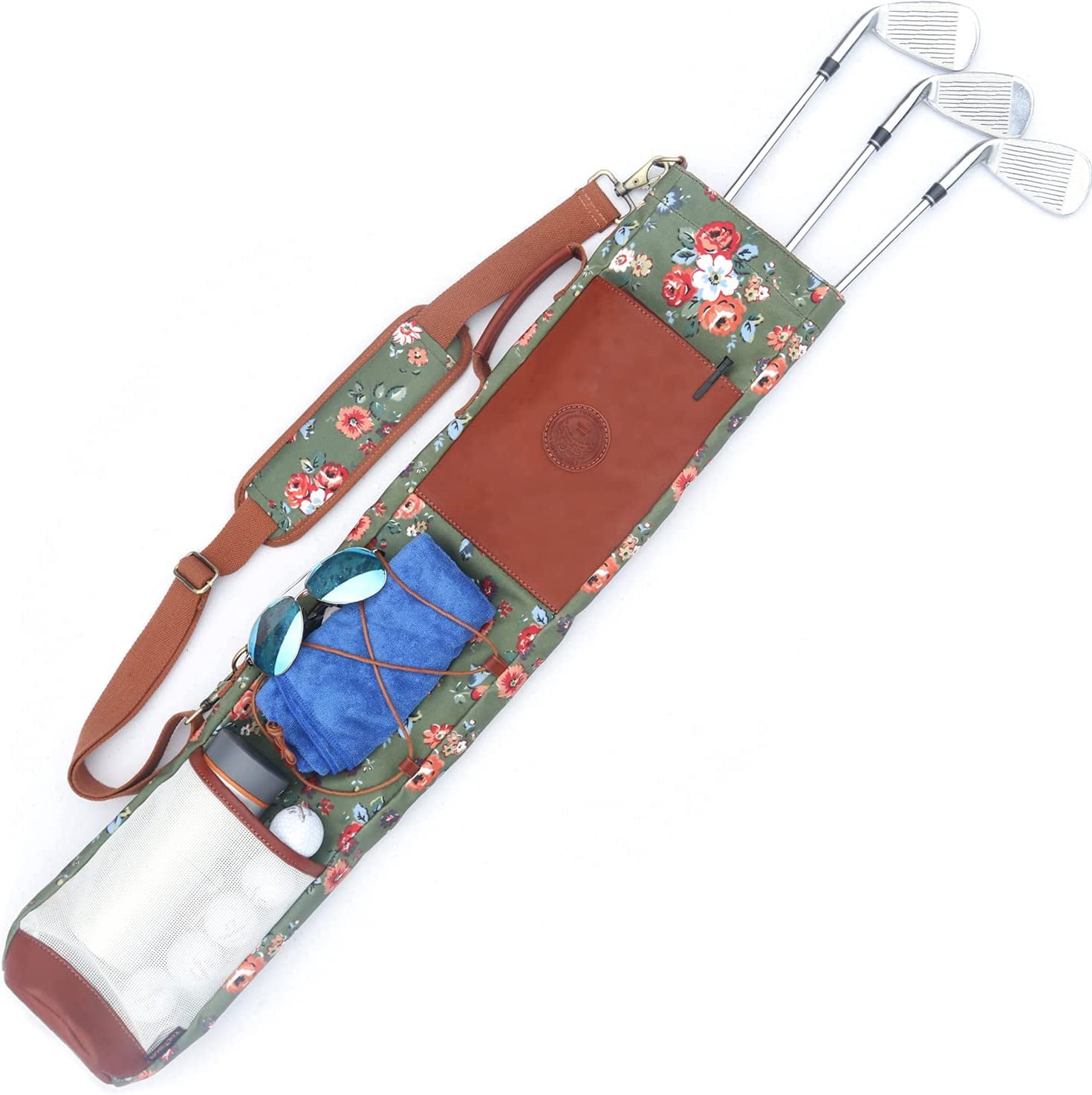 Canvas Golf Bag for Women Driving Range Travel Course Club Carry Case Green with Flower
